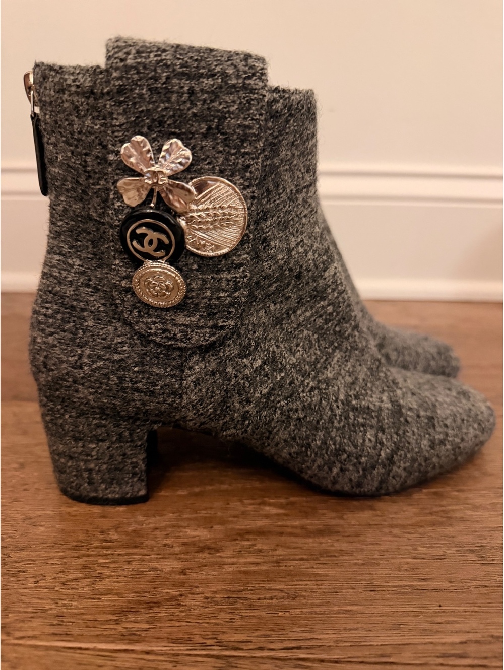 Chanel Gray Wool Blend Ankle Boots with Decorative Charms